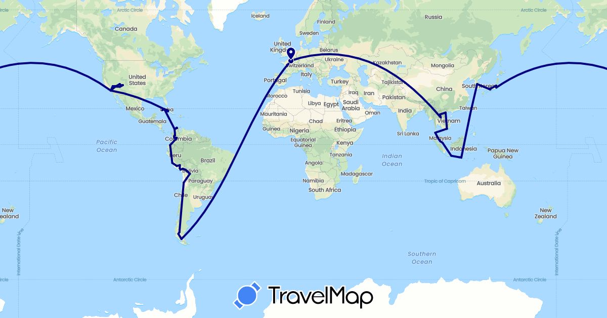 TravelMap itinerary: driving in Argentina, Bolivia, Chile, Colombia, Cuba, Ecuador, France, Indonesia, Japan, South Korea, Laos, Malaysia, Peru, Singapore, Thailand, United States, Vietnam (Asia, Europe, North America, South America)